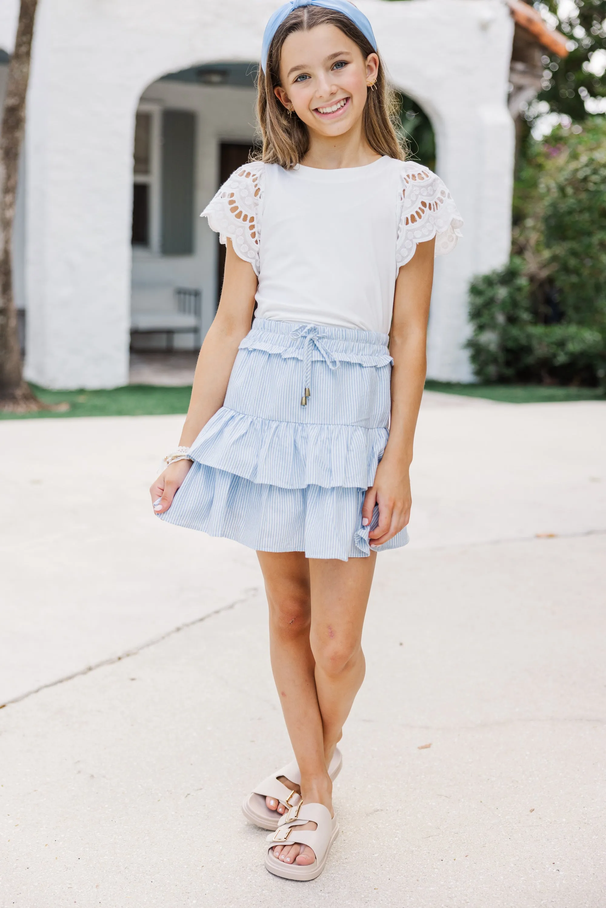 Girls: Take The Leap Light Blue Striped Cotton Skort