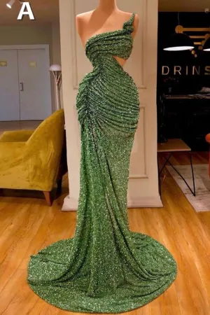 Glitter Off-the-Shoulder Slim Mermaid Prom Party GownsSleeveless Mermaid Evening Gowns
