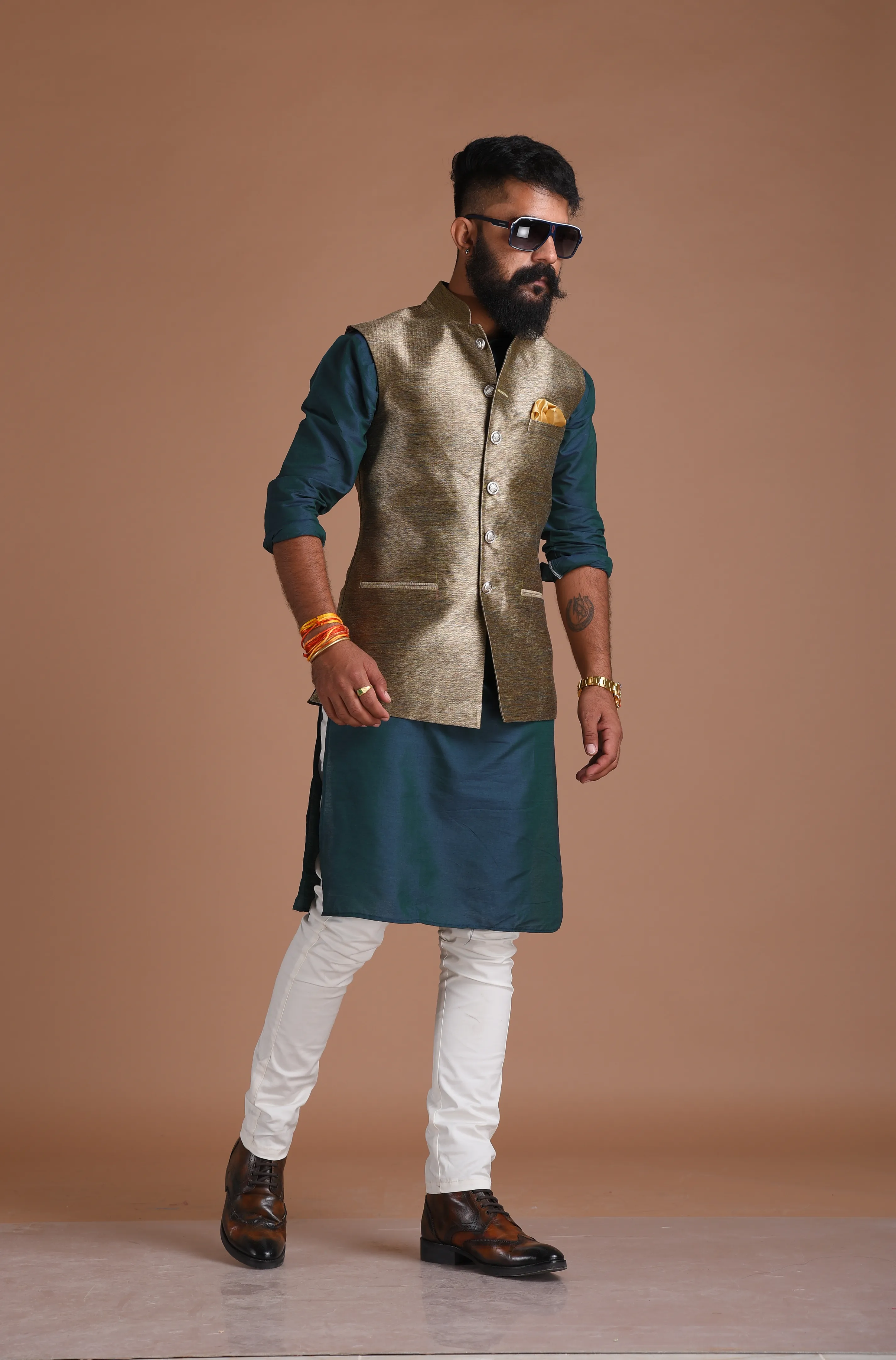 Golden Cyan Kim-Khab Half Jodhpuri Jacket with Kurta-Pajama Set