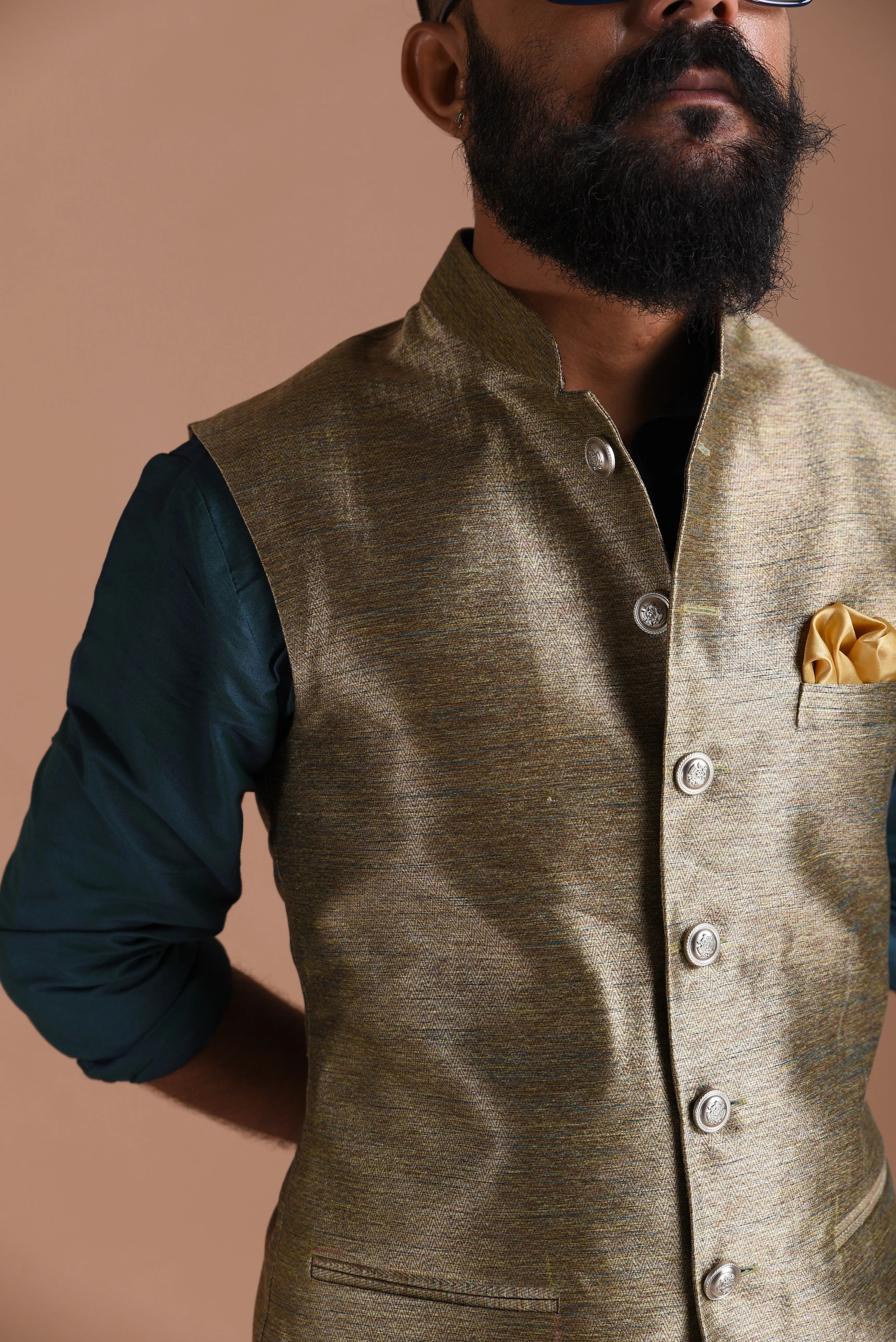 Golden Cyan Kim-Khab Half Jodhpuri Jacket with Kurta-Pajama Set