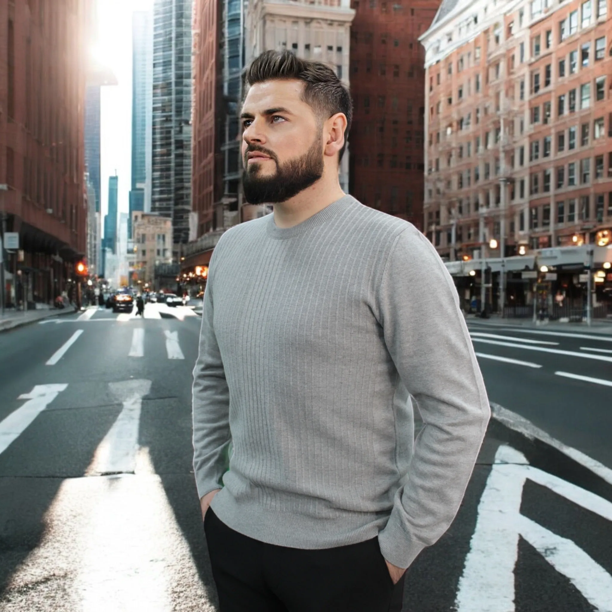 Gray - Crew Neck - Wool-   Essential  Sweater