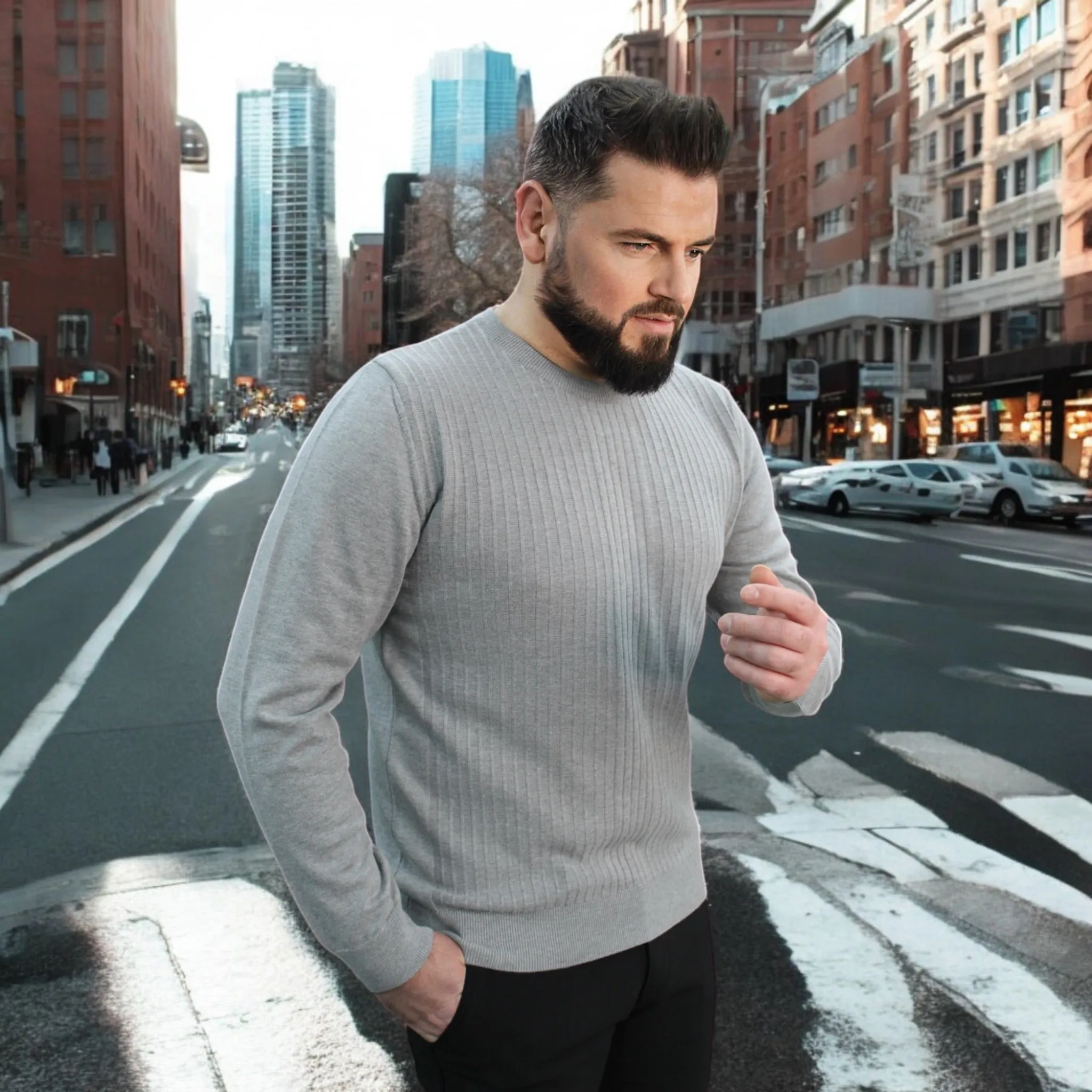 Gray - Crew Neck - Wool-   Essential  Sweater