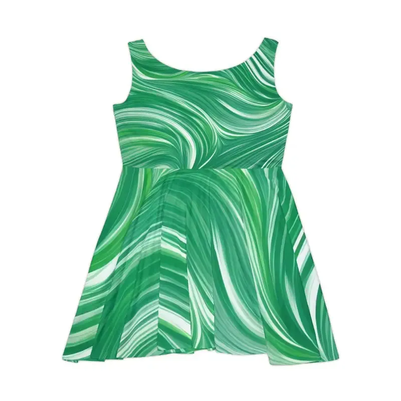 Green Wavy Pattern Skater Dress for Trendy Fashion