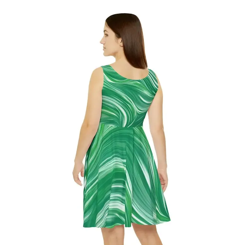 Green Wavy Pattern Skater Dress for Trendy Fashion