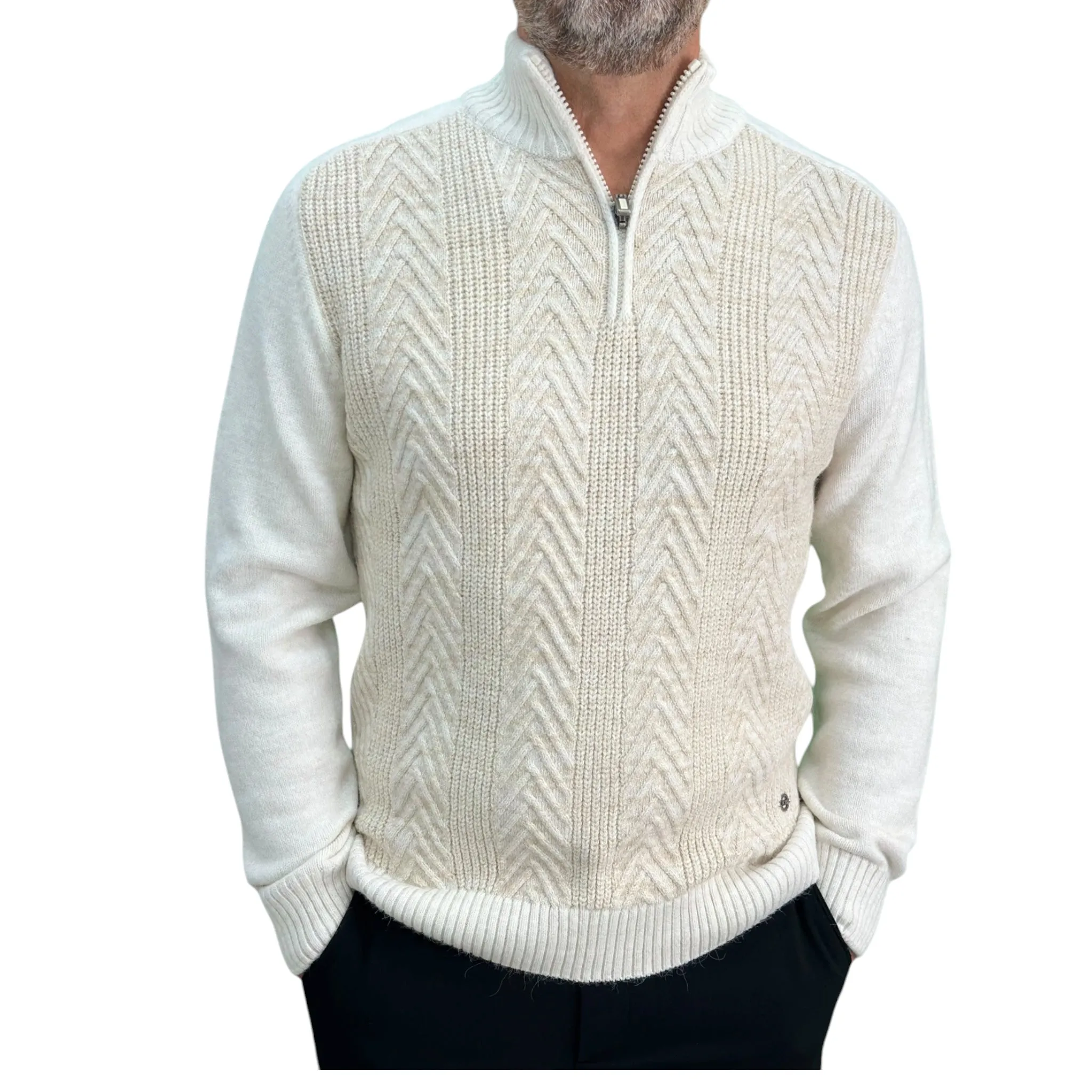 Gunky Winter Half Zipper Collar Sweater- 100% Wool - Creamy White Patterned