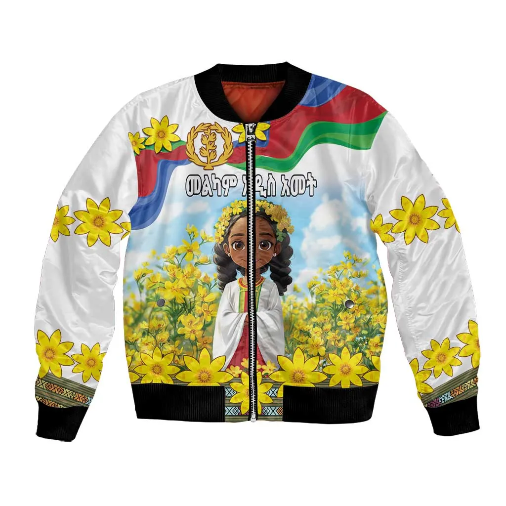 Happy Enkutatash Eritrea Personalized Bomber Jacket Beautiful Afro Girl Adey Abeba Flower LT9