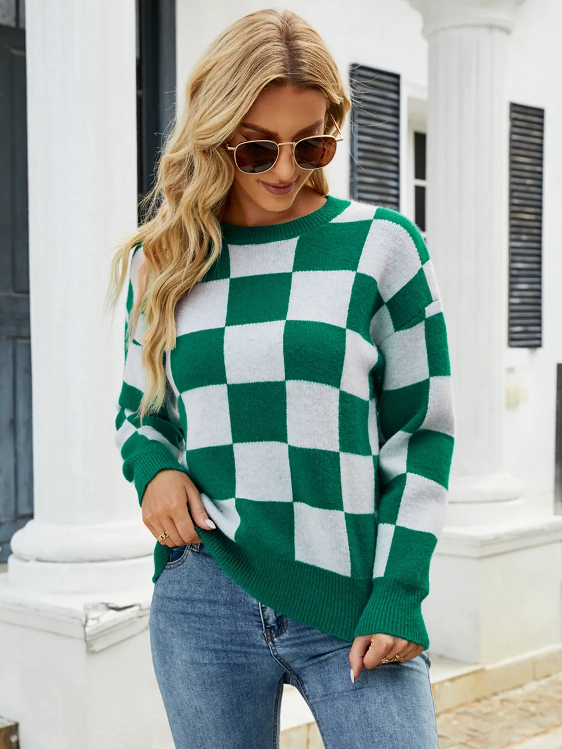 Hazel Blues® |  Checkered Round Neck Sweater