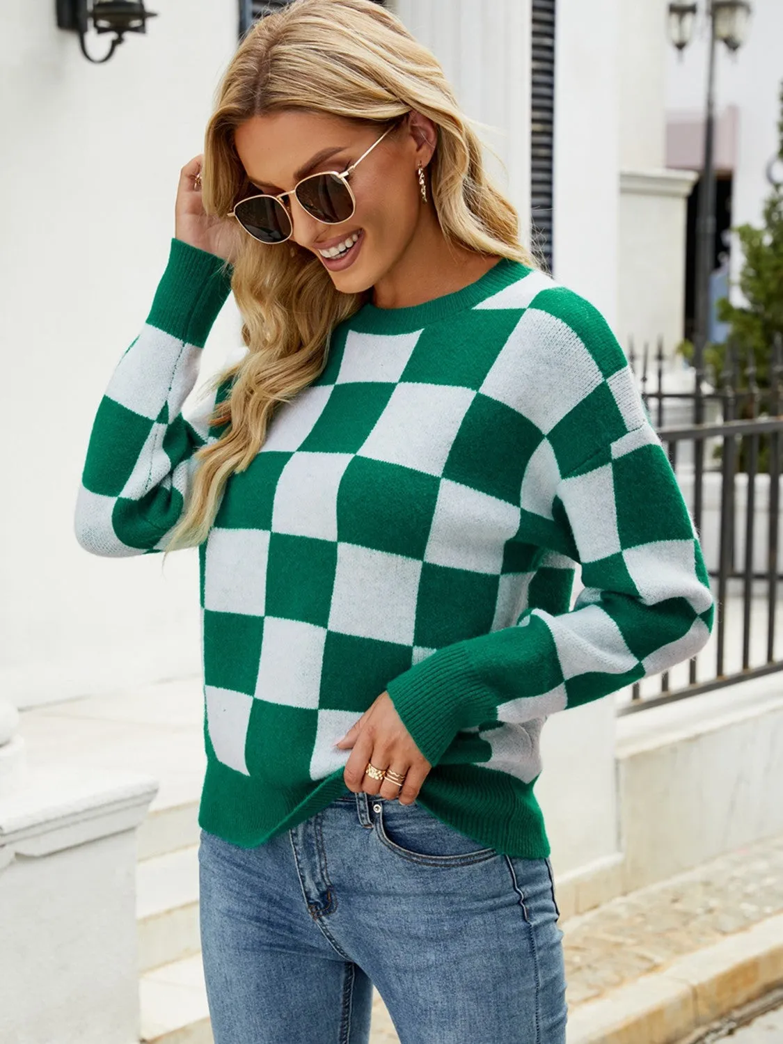 Hazel Blues® |  Checkered Round Neck Sweater