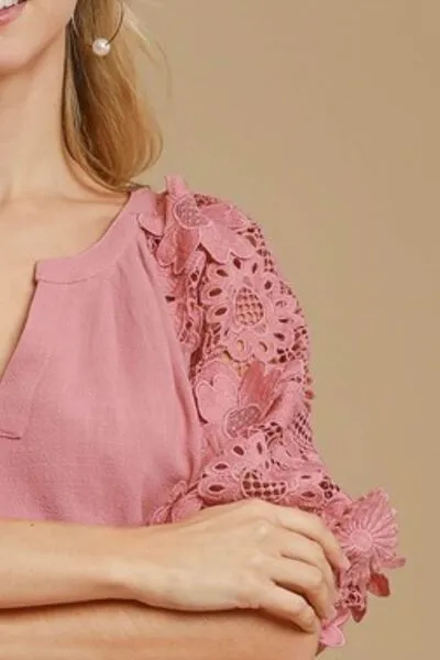 Hazel Blues® | Umgee French Terry Boxy Cut Top with 3D Floral Sleeve