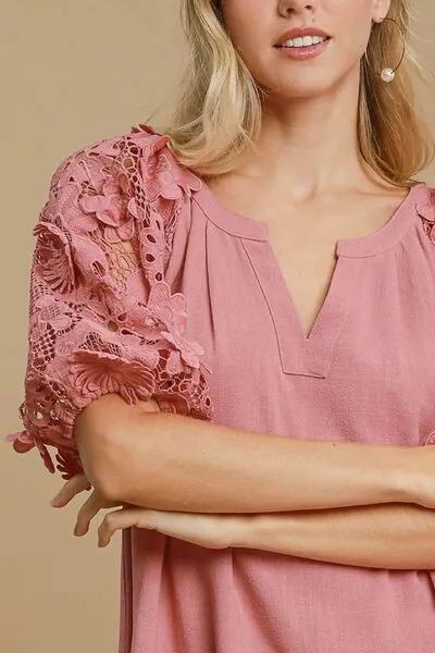 Hazel Blues® | Umgee French Terry Boxy Cut Top with 3D Floral Sleeve