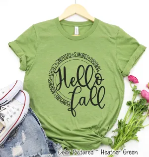 Hello Fall Pumpkins Bonfires Leaves Sweaters S'mores Football Tee