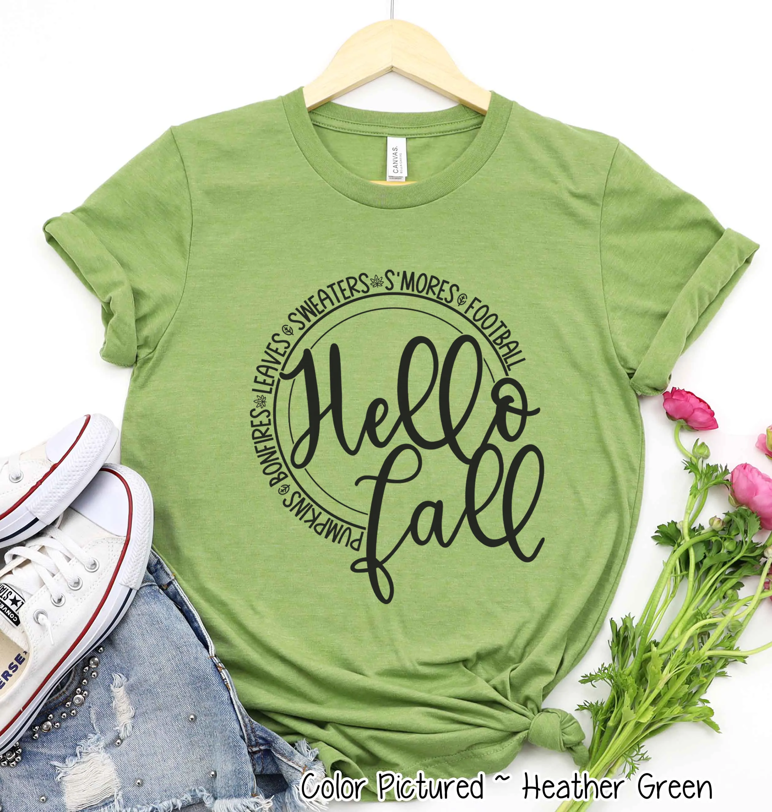 Hello Fall Pumpkins Bonfires Leaves Sweaters S'mores Football Tee