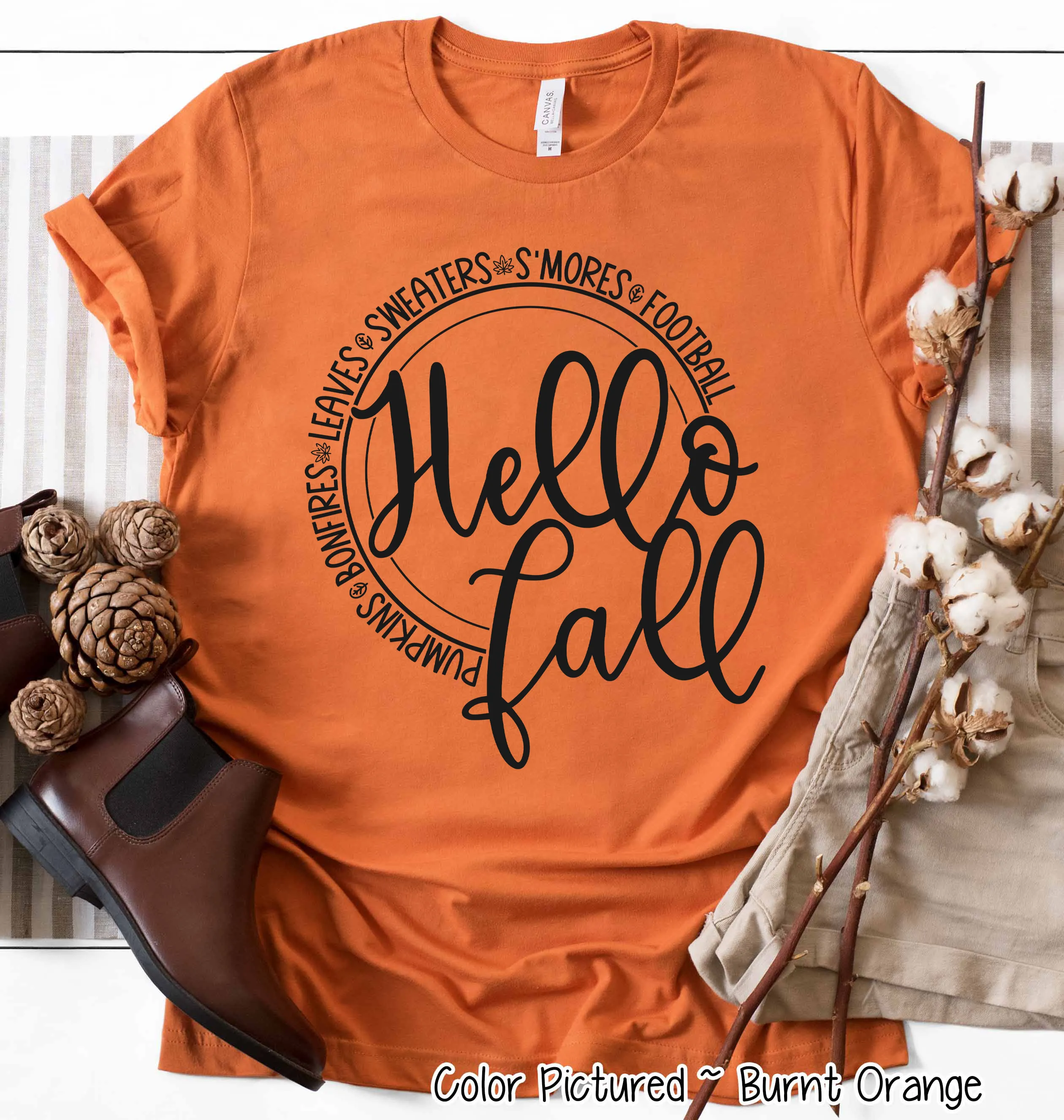 Hello Fall Pumpkins Bonfires Leaves Sweaters S'mores Football Tee