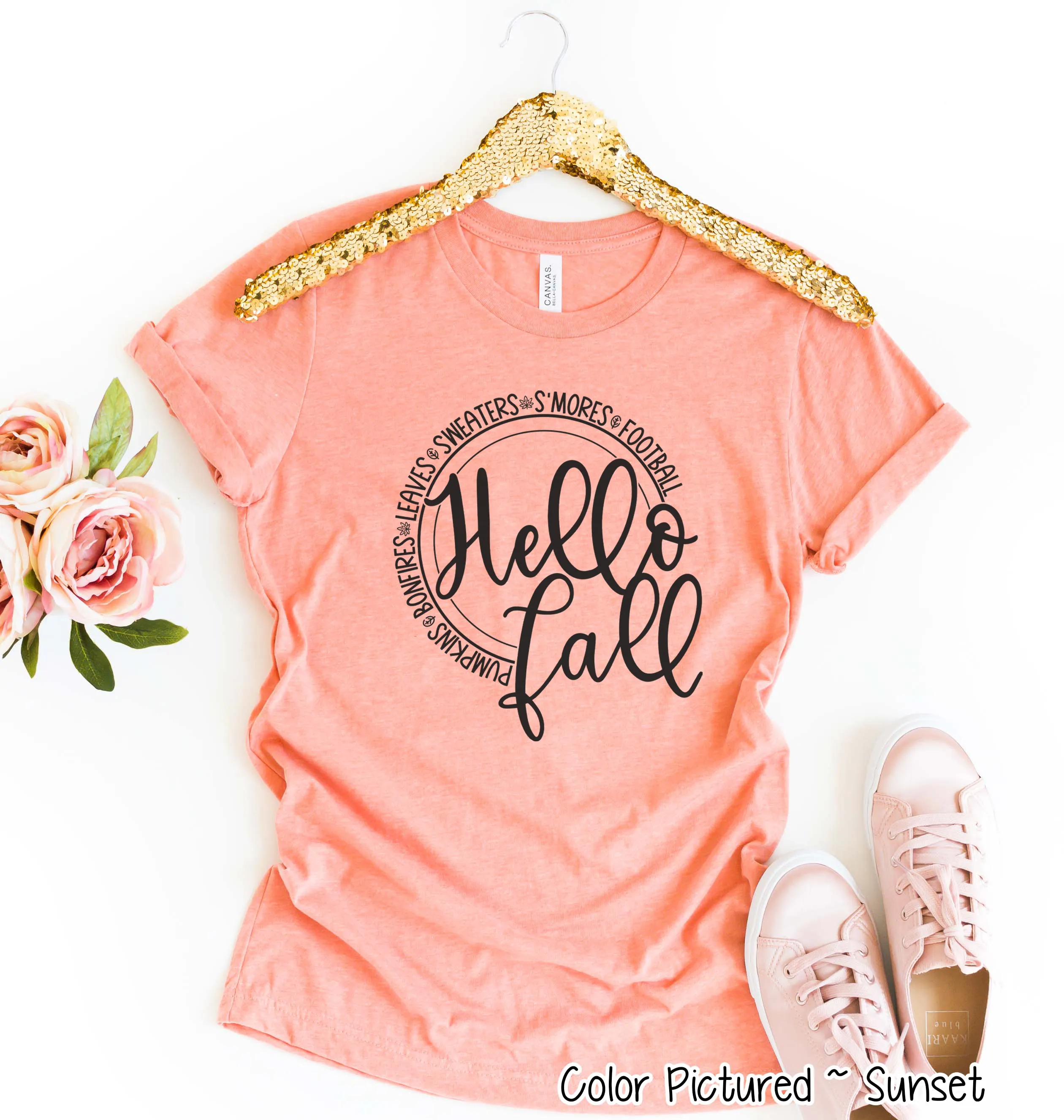 Hello Fall Pumpkins Bonfires Leaves Sweaters S'mores Football Tee