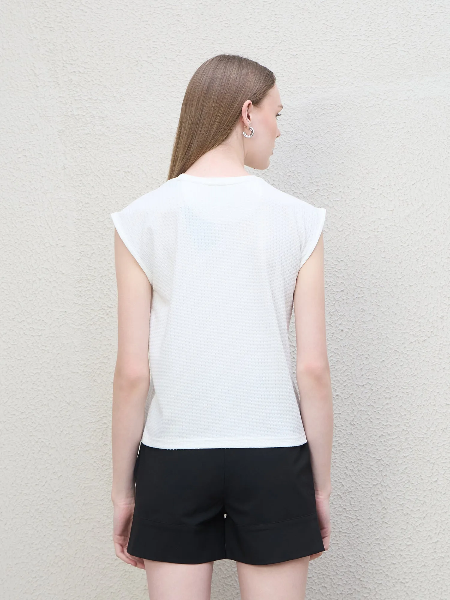 Iconic Women White Textured Crew Neck Tshirt