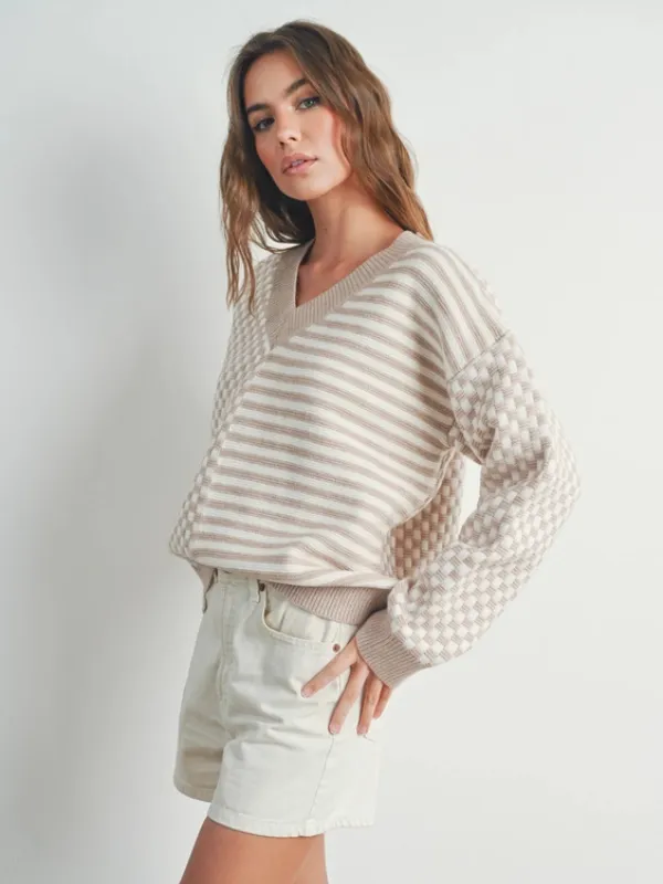 Ivory & Taupe Stripe   Checkered Sweater