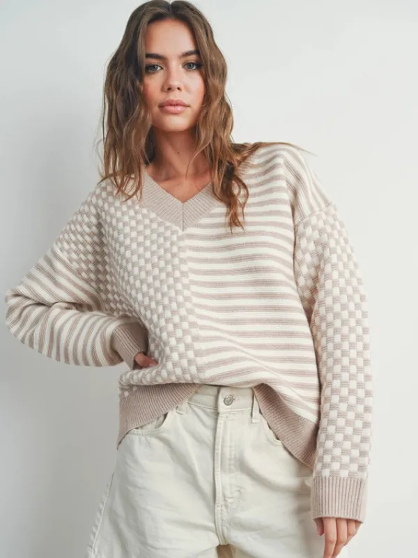Ivory & Taupe Stripe   Checkered Sweater