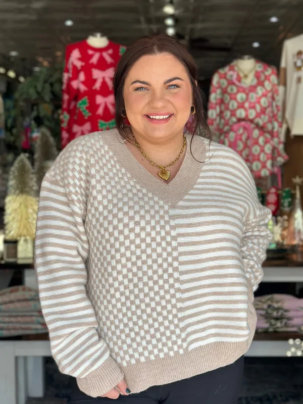 Ivory & Taupe Stripe   Checkered Sweater