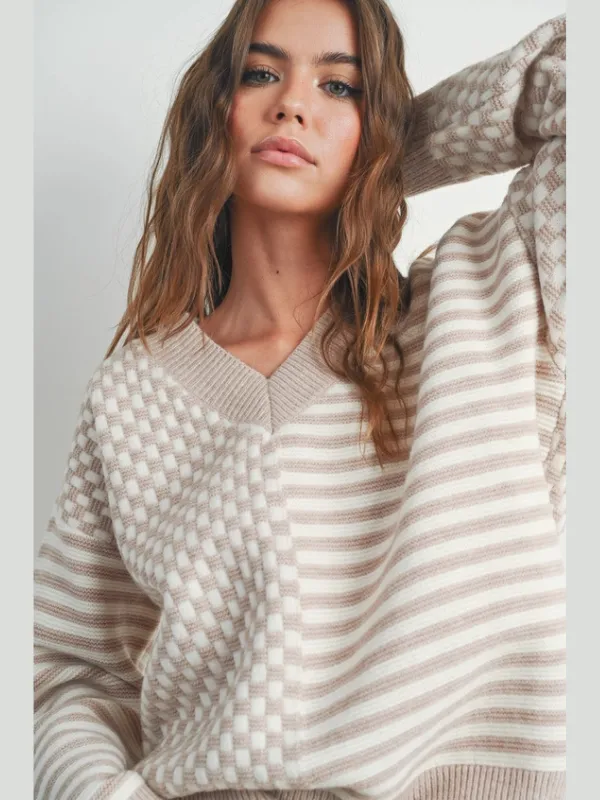 Ivory & Taupe Stripe   Checkered Sweater