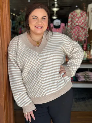 Ivory & Taupe Stripe   Checkered Sweater
