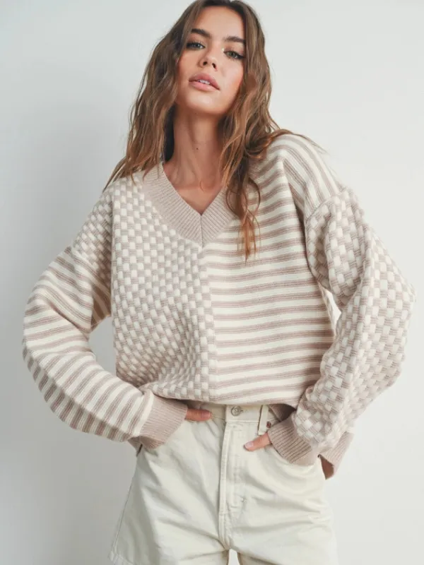 Ivory & Taupe Stripe   Checkered Sweater