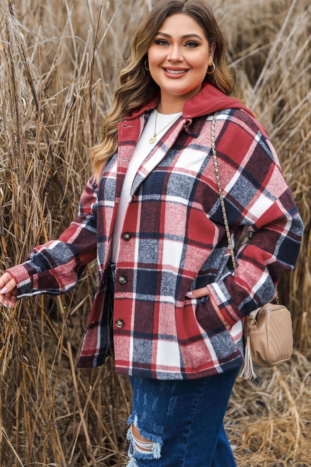 KaleaBoutique Plus Size Plaid Button up Hooded Jacket