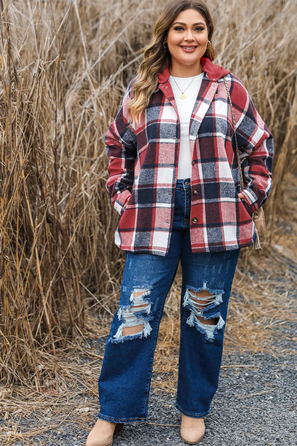 KaleaBoutique Plus Size Plaid Button up Hooded Jacket
