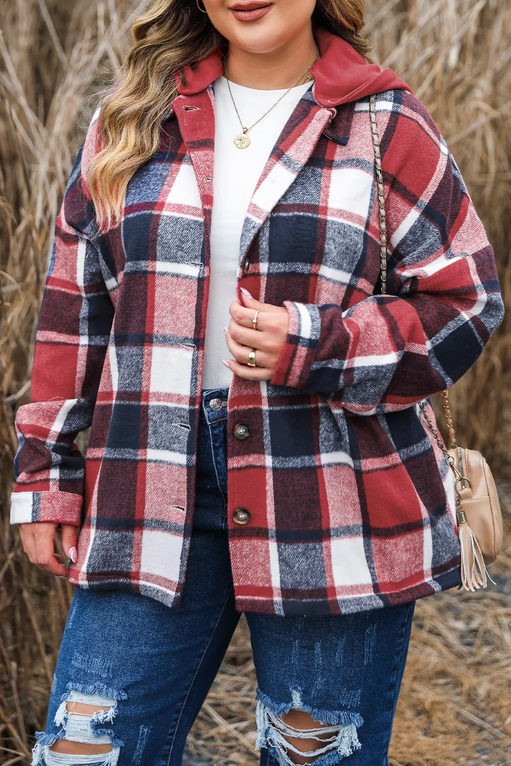 KaleaBoutique Plus Size Plaid Button up Hooded Jacket