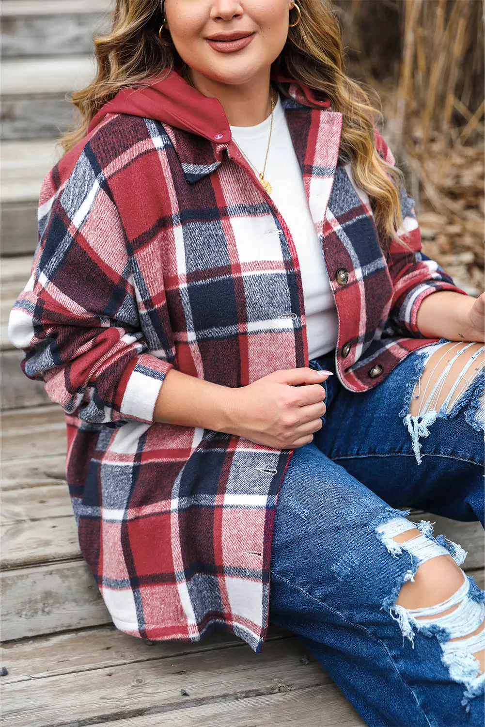 KaleaBoutique Plus Size Plaid Button up Hooded Jacket