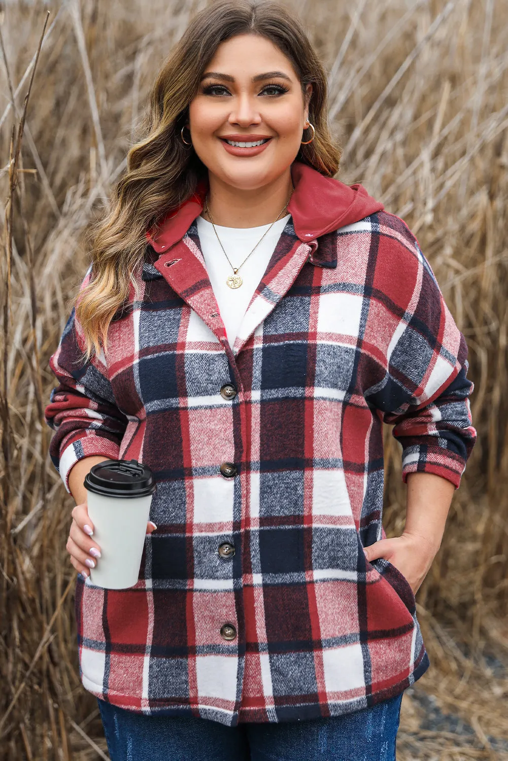 KaleaBoutique Plus Size Plaid Button up Hooded Jacket