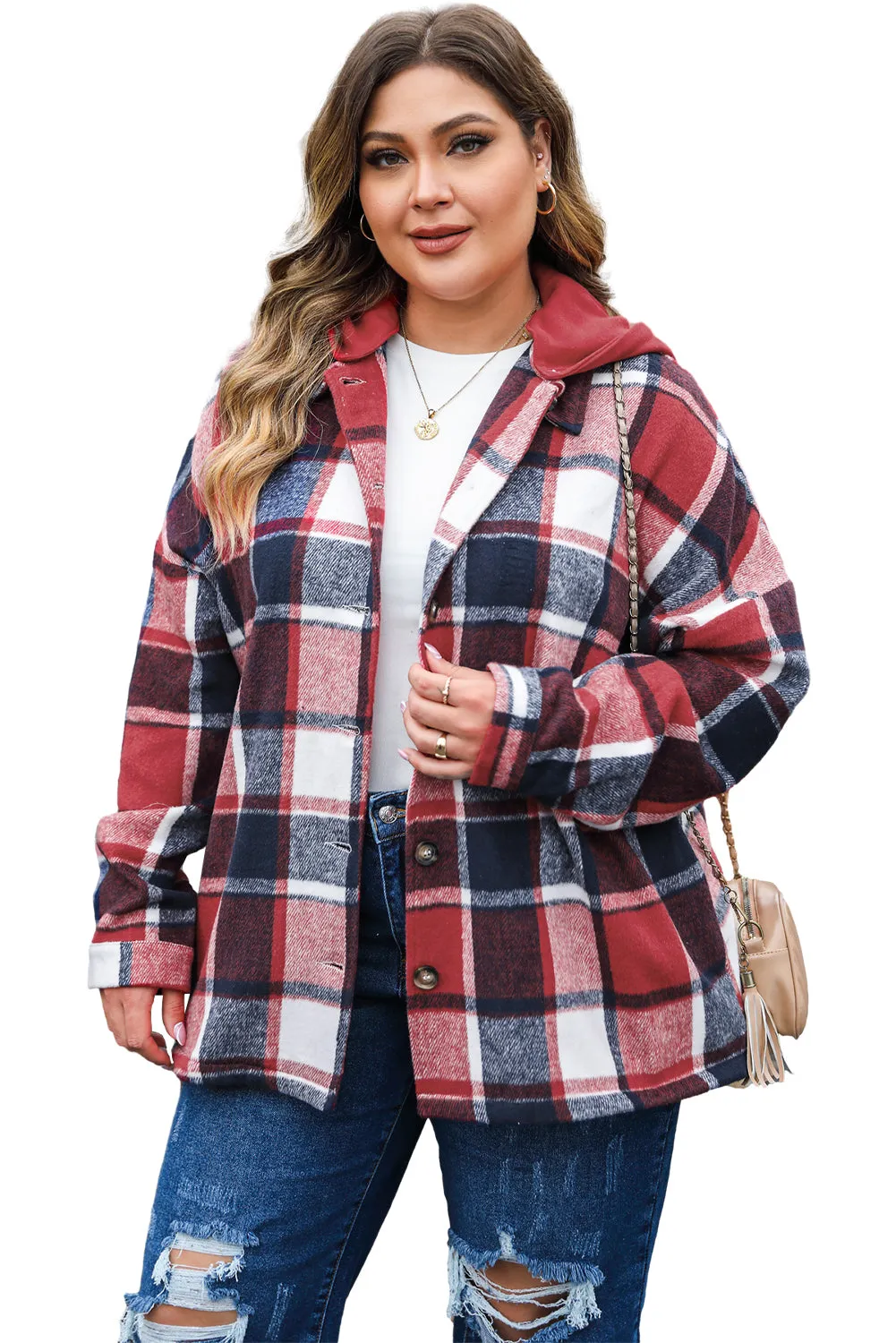 KaleaBoutique Plus Size Plaid Button up Hooded Jacket