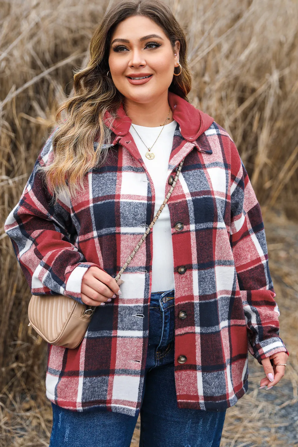KaleaBoutique Plus Size Plaid Button up Hooded Jacket
