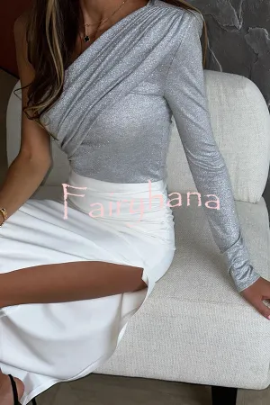 Keeping Fashion Pleated Shoulder Pads One Sleeve Stretch Top