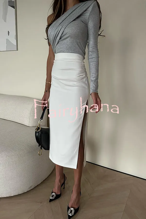 Keeping Fashion Pleated Shoulder Pads One Sleeve Stretch Top