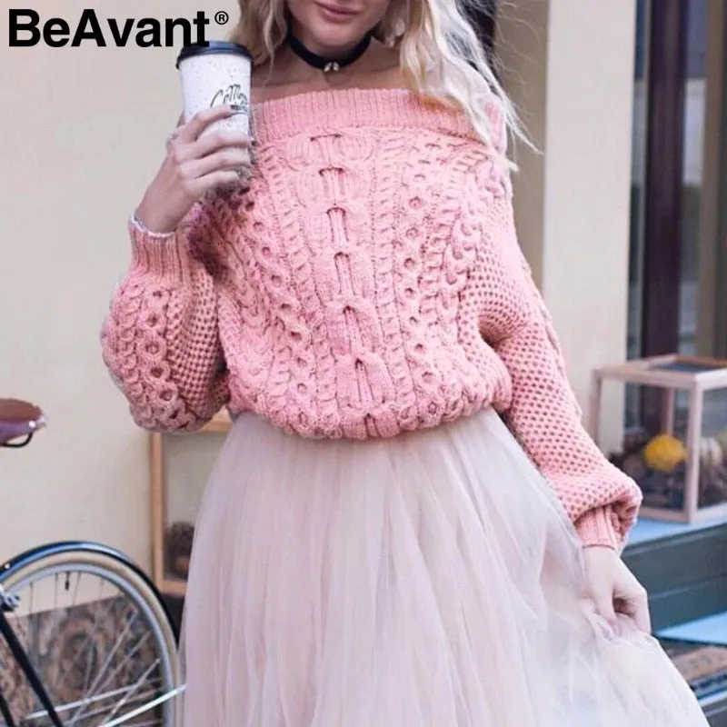 Knitted Off - Shoulder Batwing Sleeve Winter Sweater