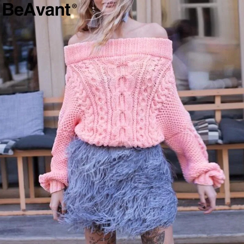 Knitted Off - Shoulder Batwing Sleeve Winter Sweater