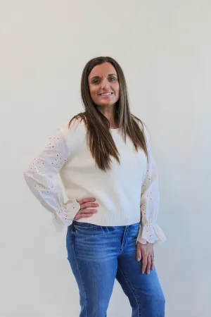 KRISTA EYELET RUFFLE SLEEVE SWEATER