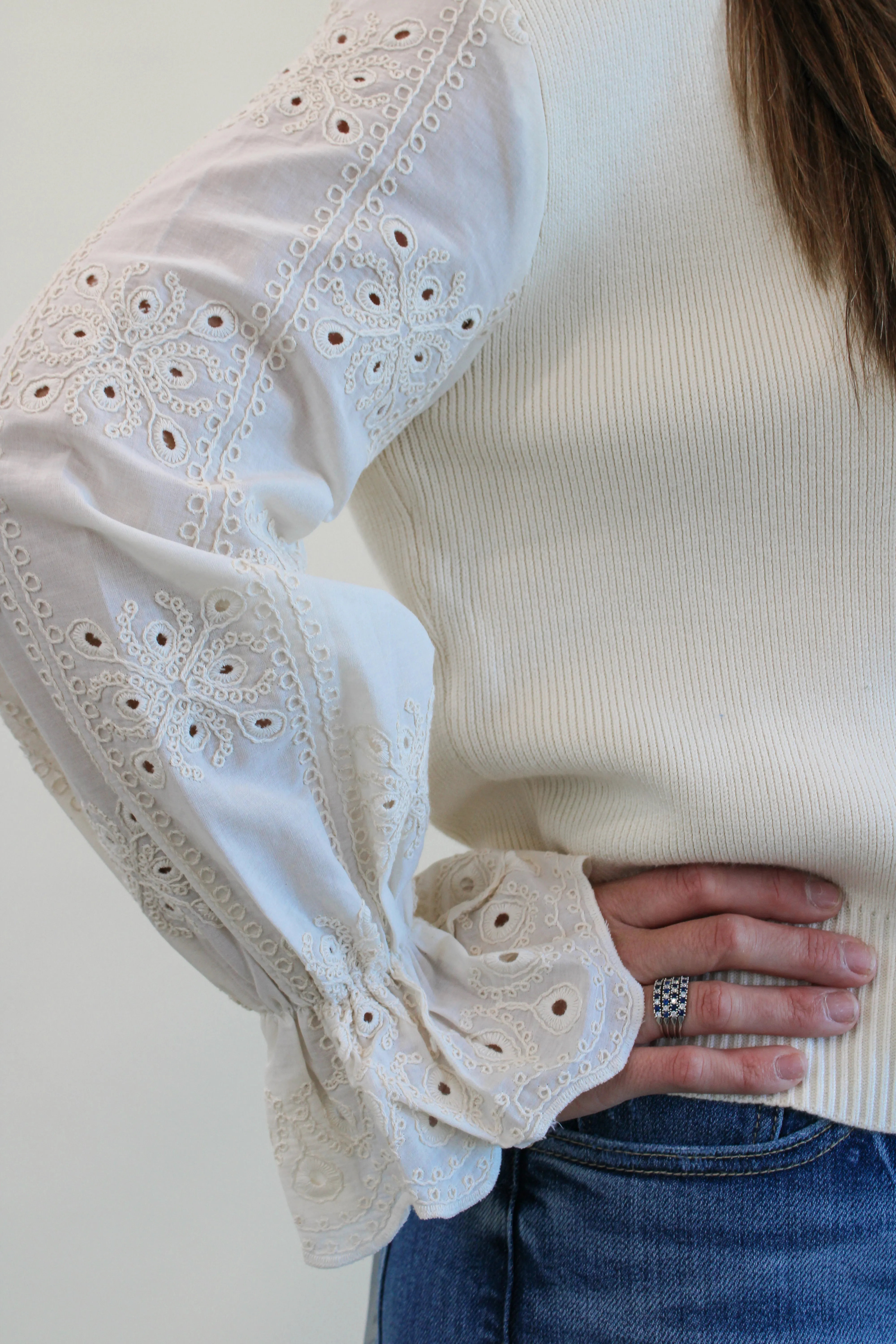 KRISTA EYELET RUFFLE SLEEVE SWEATER