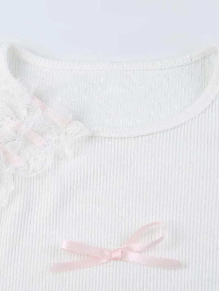 Lace Trim Irregular Cutout Bow Tie Front Tank Top