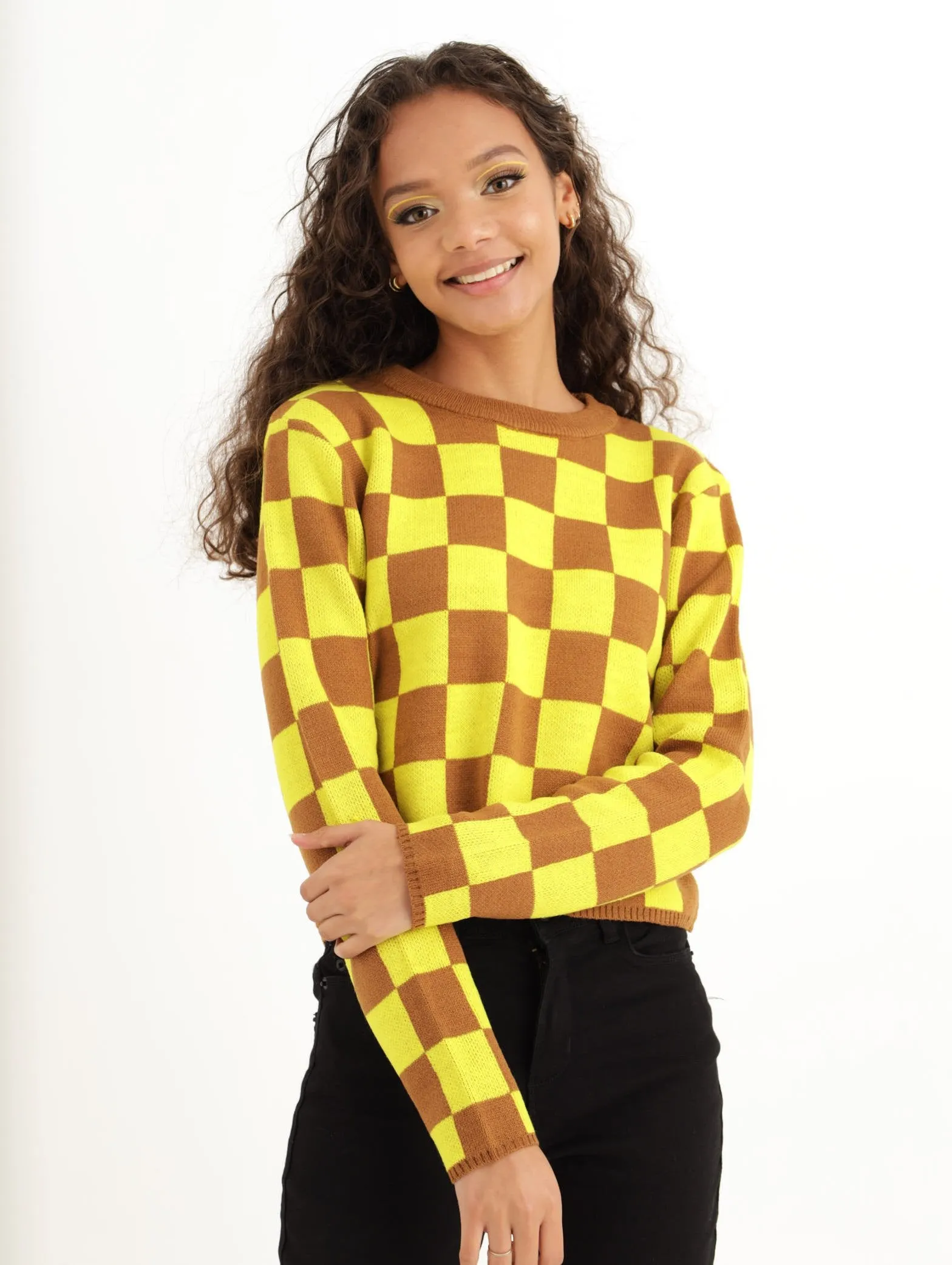 Ladies Boxy Checkerboard Knitwear - Chartreuse