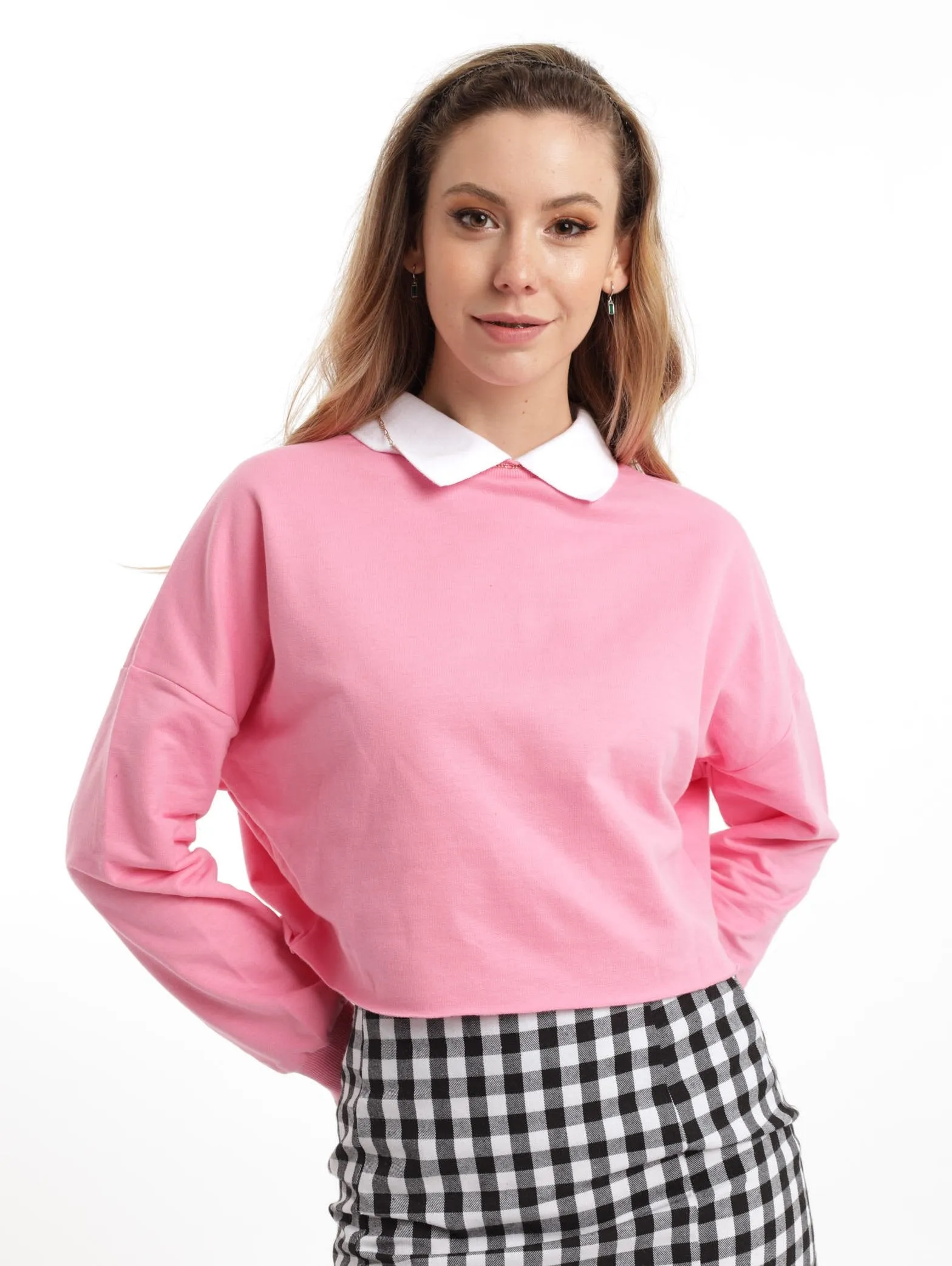 Ladies Cropped Collar Fleece Top - Pink