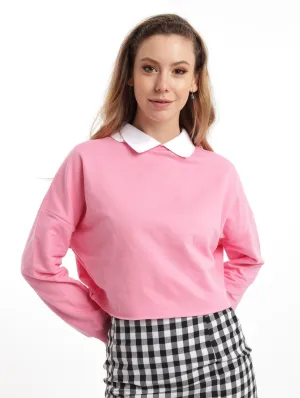 Ladies Cropped Collar Fleece Top - Pink
