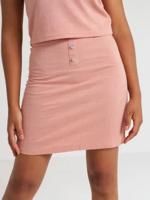 Ladies Diamante Button Textured Skirt - Dusty Pink