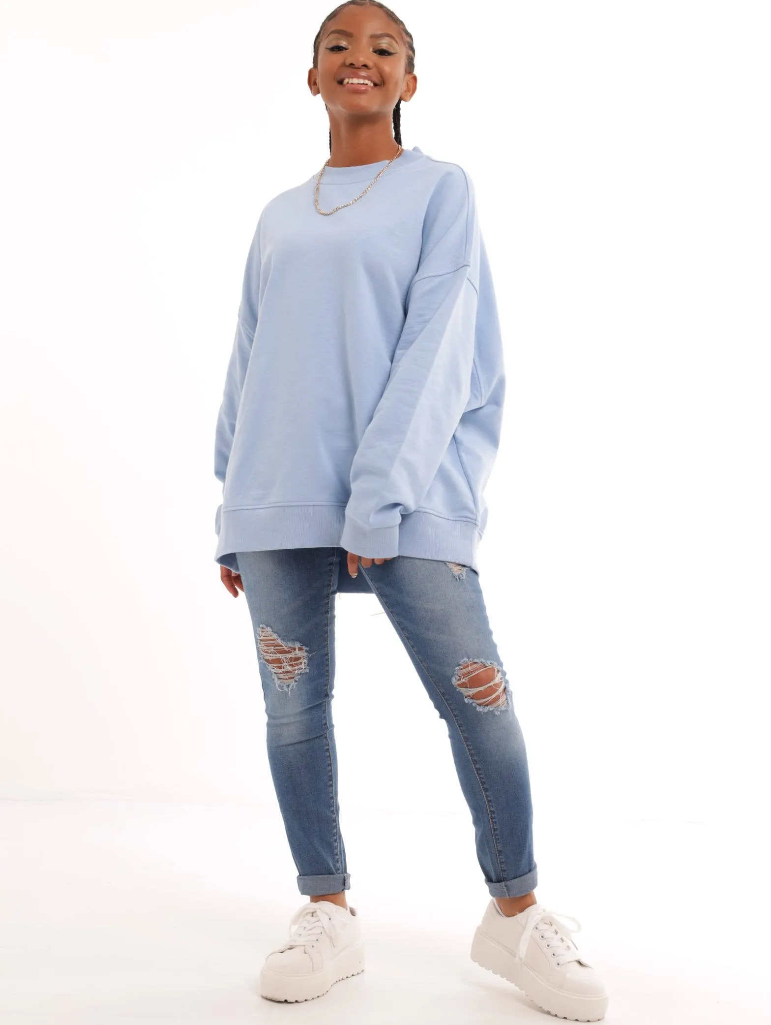 Ladies Plain Oversized Crew Fleece Top - Light Blue
