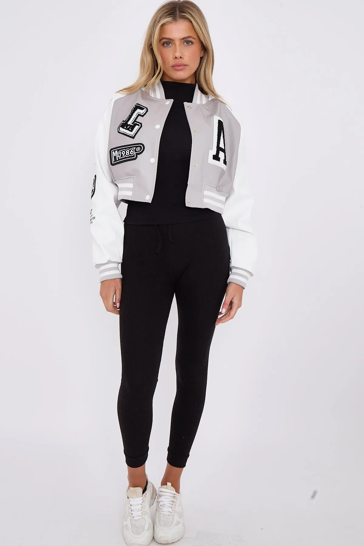 Light Grey Faux Leather Cropped Varsity Jacket
