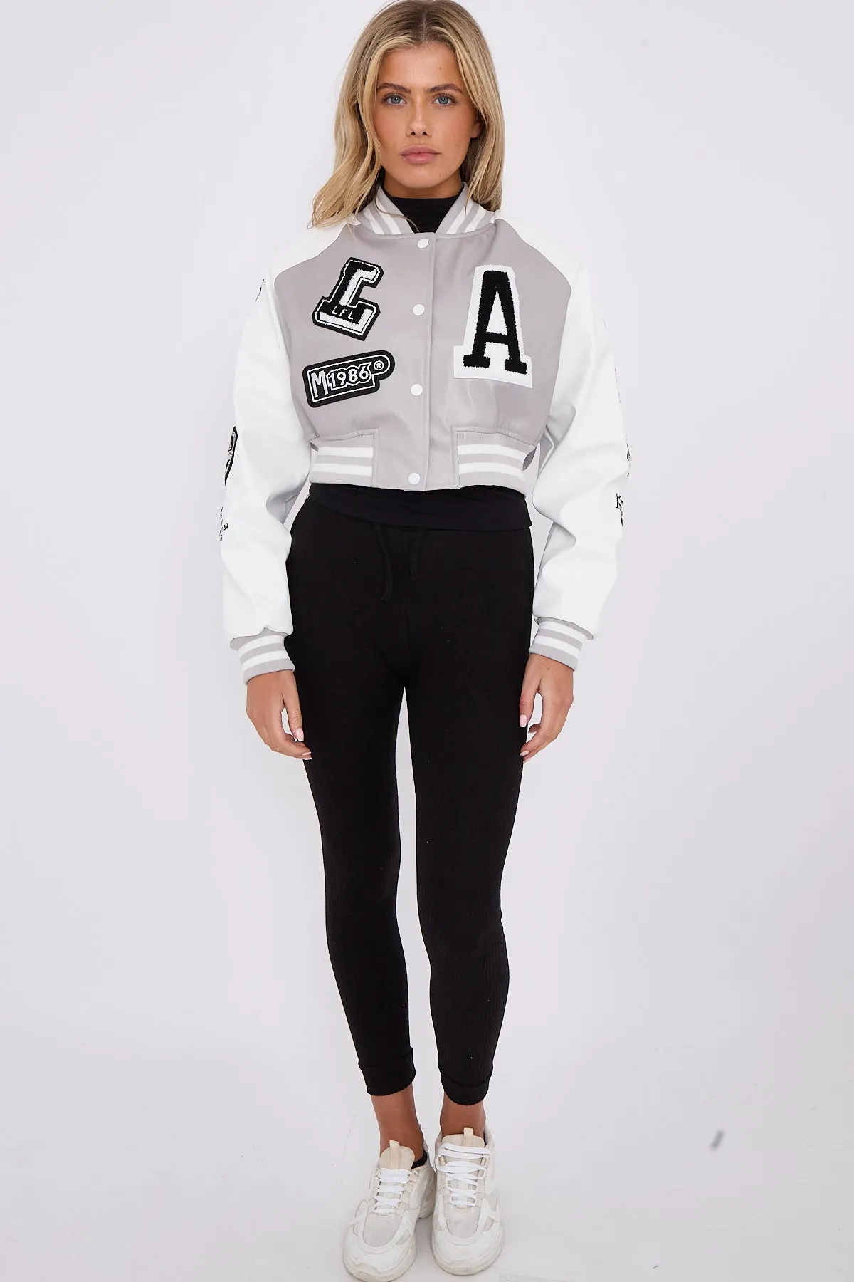 Light Grey Faux Leather Cropped Varsity Jacket