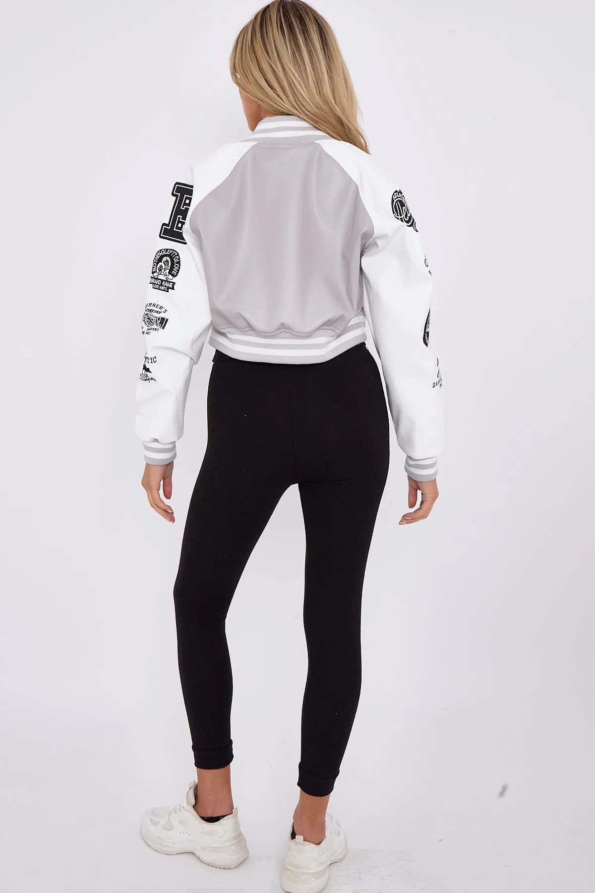Light Grey Faux Leather Cropped Varsity Jacket