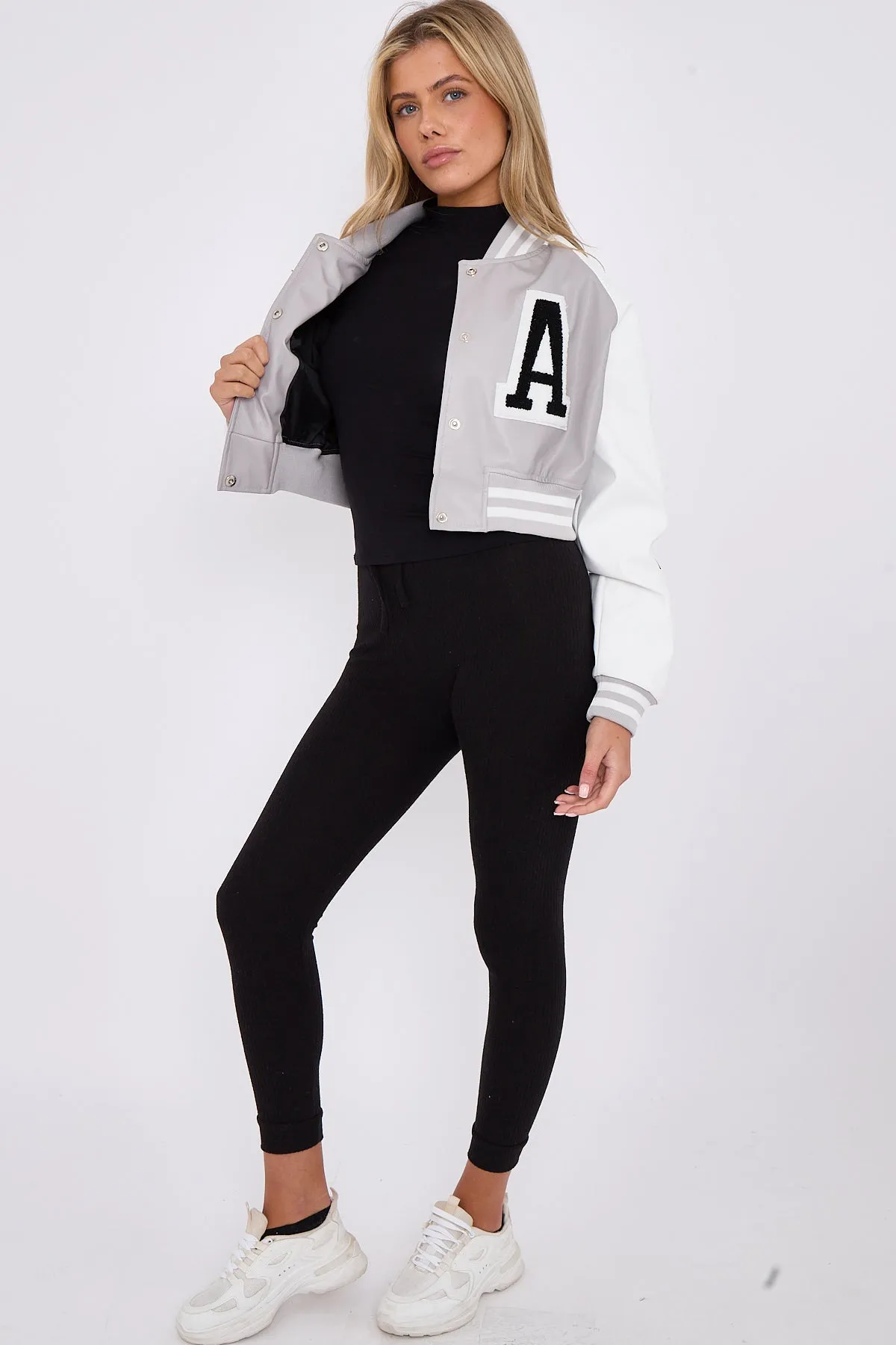 Light Grey Faux Leather Cropped Varsity Jacket