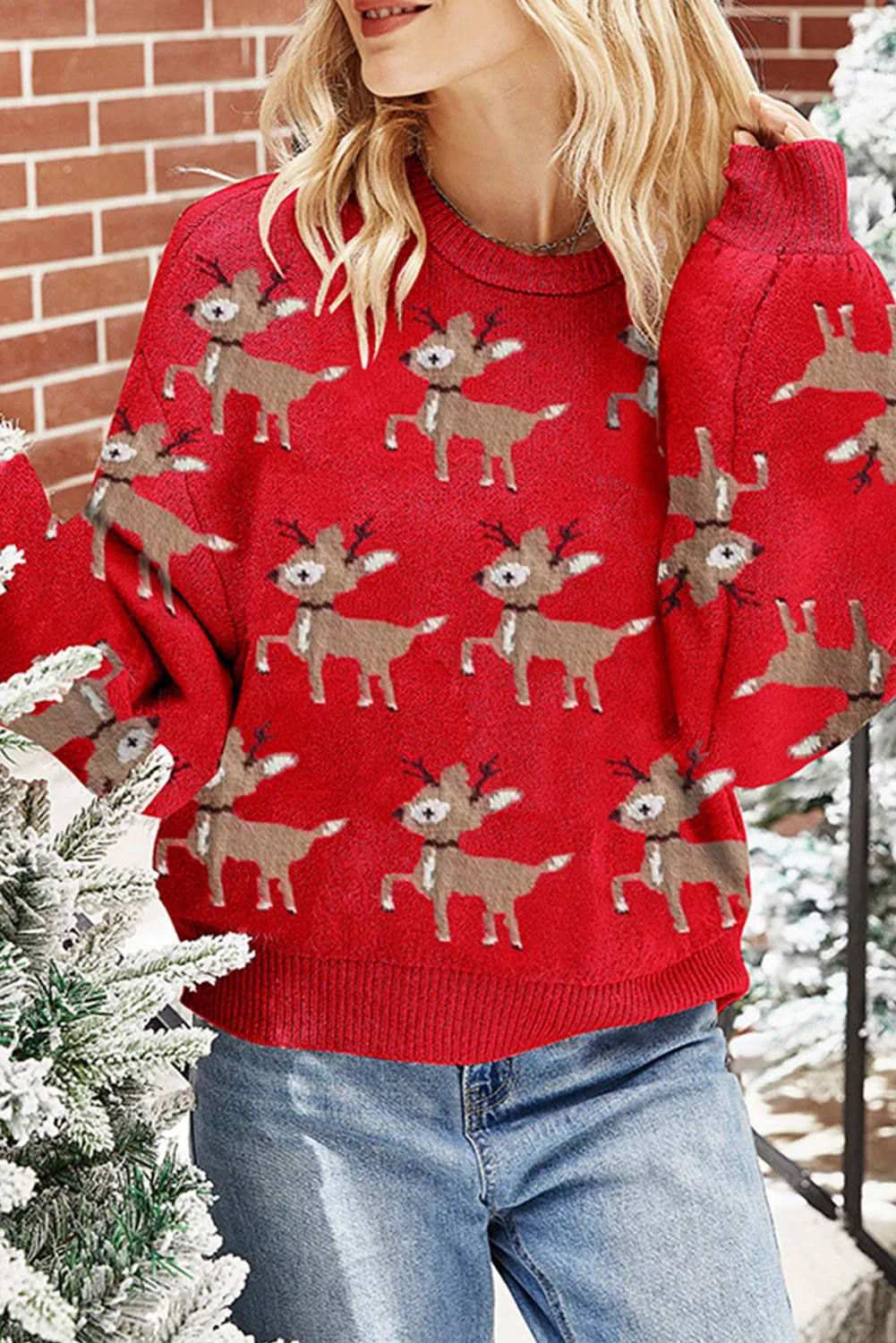 Light Pink Christmas Reindeer Pattern Drop Shoulder Sweater