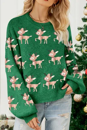 Light Pink Christmas Reindeer Pattern Drop Shoulder Sweater